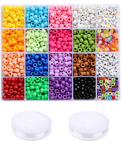 Tibaoffy Crafts Perles de poney multicolores 6 x 9 mm, perles rondes 4 x 7 mm avec boîte de rangement pour la fabrication de bijoux (20 ensembles multicolores assortis, total environ 2340 pièces)
