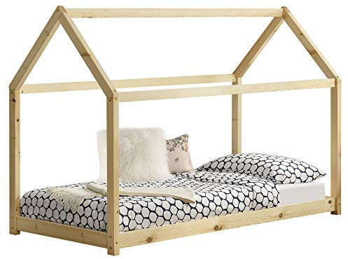 [en.casa] Kinderbett Netstal 70x140cm Haus aus Holz Natur Bettenhaus für Kinder Hausbett Kinderzimmer Bett Kiefernholz Holzfarben