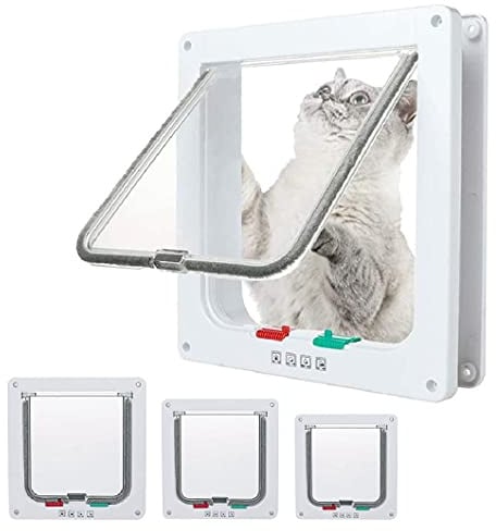 goTeamghjkl Cat Door Flap (Outer Size 7.5 x 7.8), 4 Way Locking Medium Cat Door for Interior Exterior Doors, Weatherproof Pet Door for Cats Doggie Kitty and Kittens with Circumference < 15.75