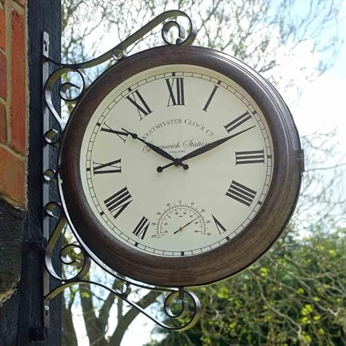 Garden Mile 53 cm doppelseitige Bahnhofsuhr und Thermometer | Wetterfest, für den Außenbereich, zur Wandmontage, dekorativ, für den Garten