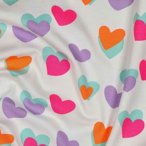 Jersey, bunte Herzen Neon auf Weiß als Meterware zum Nähen, 50 cm