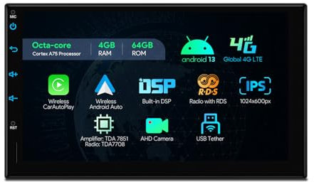 XTRONS 7 Zoll Android 13 Octa Core 4GB 64GB Autoradio Multimedia Player Eingebauter 4G/CarAutoPlay/Android Auto/DSP Unterstützung GPS Pip Bluetooth 5.0 2 Din Universal