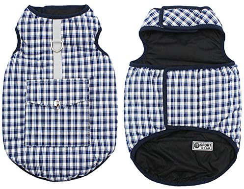 DoggieKit Kosten für kaltes Wetter für Hunde, Wendbare wasserdichte warme Hundejacke Weste Wintermantel mit Tasche und D-Ring, Winddichte Haustier-Baumwollkleidung (blau kariert, XS)
