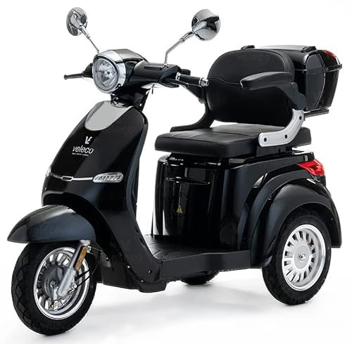 VELECO CRISTAL -Mobilitätsroller mit 3 Rädern – komplett montiert und fahrbereit – modernes Design – fortschrittliches Federungssystem – große Räder - Dreirad Seniorenmobil (SCHWARZ)