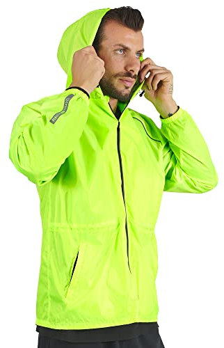 PERLETTI Veste Homme Impérmeable à Capuche Détails Réfléchissants - Coupe Vent Homme Résistant Léger Sport Running Pliable - Poncho Veste de Pluie Neige Impermeable Voyage Fluo Hiver (Jaune, S)
