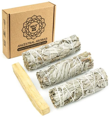 MUT22 3 Salvia Blanca y 1 Palo Santo Sagrada para Quemar, Hierba de Purificación y Armonía: Salvia Apiana 100% Natural, Ideal para Limpieza Espiritual y Rituales Energéticos