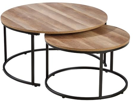 Home Source Round Stackable Nest of 2 Coffee Side Tables, Black Metal Frame, Weathered Oak Effect Finish