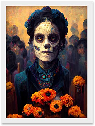 Day Of Dead Skull Marigold Flowers Artwork Framed Wall Art Print A4