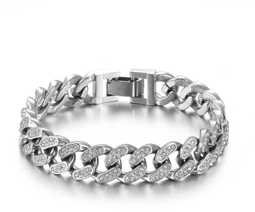 HSWYFCJY 13.5mm Kubanische Armband Iced Out Miami Silber überzogen Hip Hop Full CZ Diamant Armband für Männer,Länge 19cm