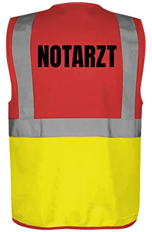 Fassbender-Druck WARNWESTEN - Sicherheitsweste ROT/GELB mit Taschen und Reißverschluss nach EN ISO 20471 zertifiziert - Warn Weste für NOTARZT - Unisex mit hochwertigem Reflektorstreifen