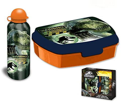 HOVUK Jurassic-World - Lonchera para niños con juego de botellas de agua aisladas de 500 ml, 1 compartimento, caja de aperitivos apta para alimentos para la escuela y picnic de 3 años