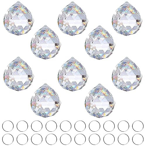 Fizdoqg Juego de 30 Bola de Cristal Prisma, Transparente Bola de Cristal, Cristal Transparente para Casa de la Boda, Decoraciones de Oficina(10 Bolas de Cristal, 20 Anillos de Metal)