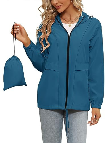 Tisfeer Vêtement de pluie étanche, léger et coupe-vent à capuche pour femme, bleu paon, XL
