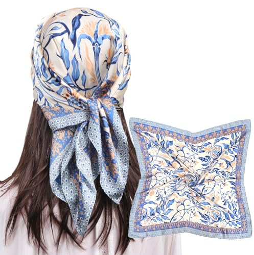 MEANBEAUTY Head Scarf for Women Like Silk Scarf Square Scarves Satin Bandanas Neck Scarfs 27.5 Inch with Gift Packed-Floral 12