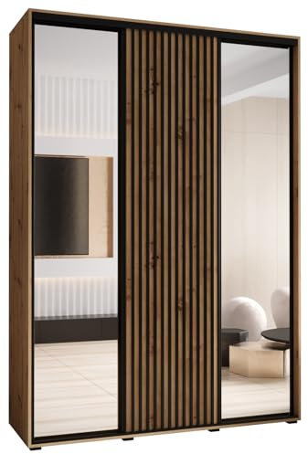 MEBLE KRYSPOL Sapporo 2 Moderner Schrank mit DREI Schiebetüren mit Spiegel, Stange, Regalen - Aufbewahrungsschrank für Schlafzimmer, Wohnzimmer - 205,2x180x45 cm - Artisan Artisan Schwarz