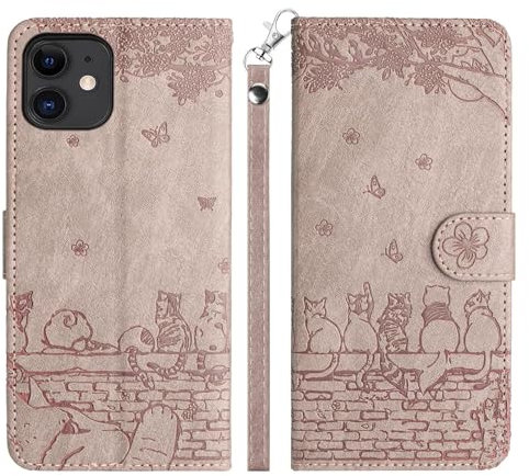 Generic Case for iPhone 12 Mini Phone Case, Embossed Cute Cats on the Wall PU Leather Flip Case with Card Holder and Magnetic Closure, Smoky Purple