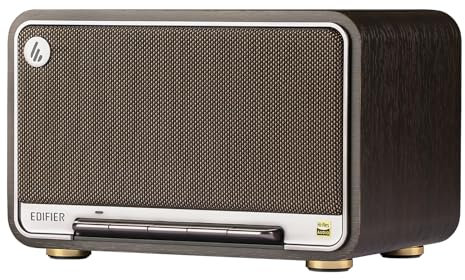Edifier D32 Kabellose Tischlautsprecher 60W RMS, Hi-Res Audio Bluetooth 5.3 Lautsprecher Unterstützung LDAC, Tragbares Retro-Holz, kompatibel mit AirPlay2, USB-C und AUX-Eingängen, 11 Stunden