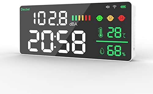 VISLONE Dezibelmeter, WiFi, Schallpegelmesser, Wandschallpegel, Prüfung von Temperatur und Luftfeuchtigkeit, 4 in 1, Wecker, LED-Farbdisplay, 11 Zoll, intelligente Verbindung, Geräuschdezibel per App