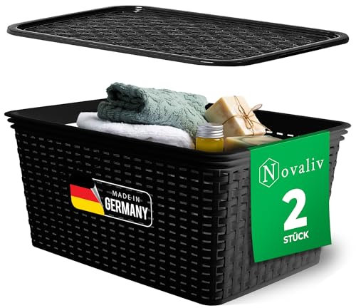 Novaliv 2er Set Eleganter Aufbewahrungskorb mit Deckel in Rattan-Optik | Schwarz Lebensmittelecht Kunststoff 14L ? Perfekt für Bad & Kleidungsaufbewahrung. Aufbewahrungsbox Badezimmer Körbchen.