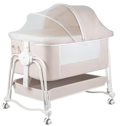 4 in 1 Beistellbett Baby am Bettrand Schlafcouch, Schaukelbett mit abschließbaren Rädern, Aufbewahrung, Moskitonetz und Matratze enthalten, 7 Ebene verstellbar am Bettrand Bassinet(Creme)