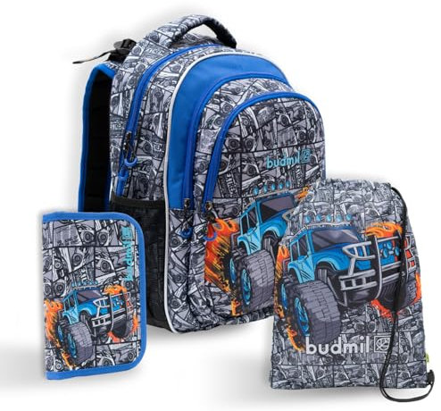 budmil Schulranzen Jungen 1. Klasse 26L mit Federmäppchen & Turnbeutel - Schulrucksack WASSERABWEISEND mit Regenschutzhülle - Schultasche für Grundschule - REFLEKTIEREND - Mit 3 Fächer (Auto)