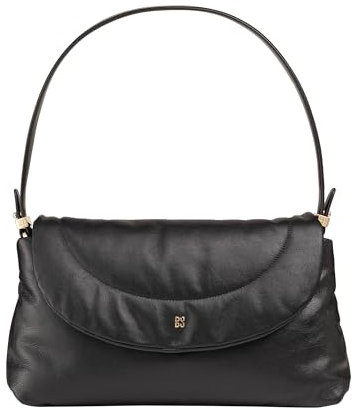 DUDU Damen Tasche aus weichem Leder, gepolsterte Umhängetasche, Gesteppte Handtasche mit abnehmbarem Riemen und Überschlag Schwarz Rose