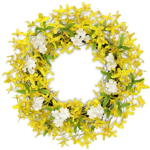 Oairse Ghirlanda di fiori artificiali di forsizia da 50 cm, per primavera ed estate, ghirlanda floreale finta gialla per porta d'ingresso, casa, cucina, parete, finestra, mantello, casa colonica,