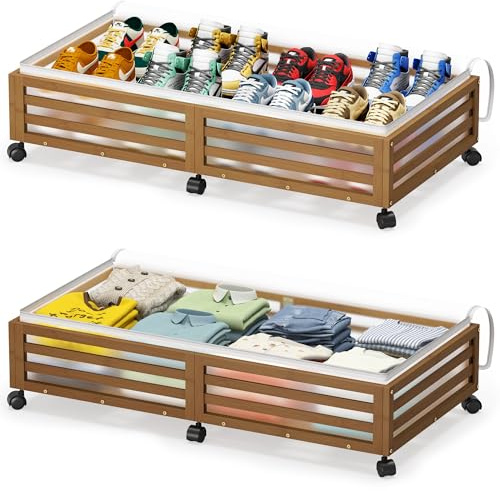 Xadgve Unterbettkommode mit Rollen – Große Bambus-Unterbettbehälter mit Staubbeutel – stapelbare Schuhaufbewahrungsbehälter unter dem Bett für Kleidung, Bücher, Bettwäsche und Spielzeug – platzsparend