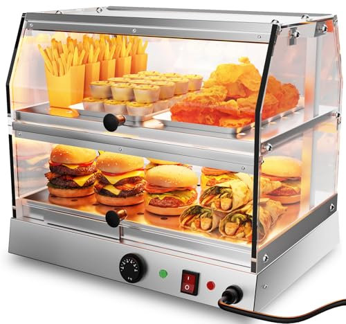 TAIMIKO Commercial Food Warmer Cabinet Warmer Display Case Stainless Steel 2 Tiers Pizza Warmer Hot Food Display Pastry Warmer Countertop Heated Warming Showcase Pastry Patty Restaurant