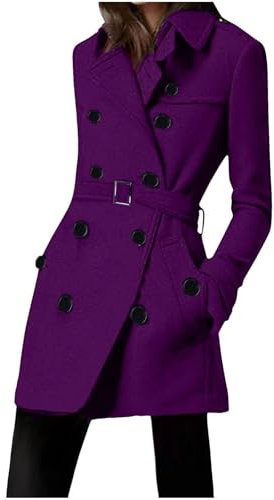 yiouyisheng Wintermantel Damen Elegant Wolle Mantel Zweireiher Trenchcoat Winter Wollmantel mit Gürtel, Damenmantel Reversekragen Übergangsmantel mit Taschen Mäntel Schwarz Blau Rot Lila