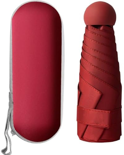 Kiuiom Paraguas de Sol Y Lluvia,Paraguas Compacto,Paraguas de Viaje Plegable 6 Costillas Mini Paraguas con Estuche de Cápsula,Protección UV Impermeable,Paraguas de Bolsillo Portátil (Vino rojo)