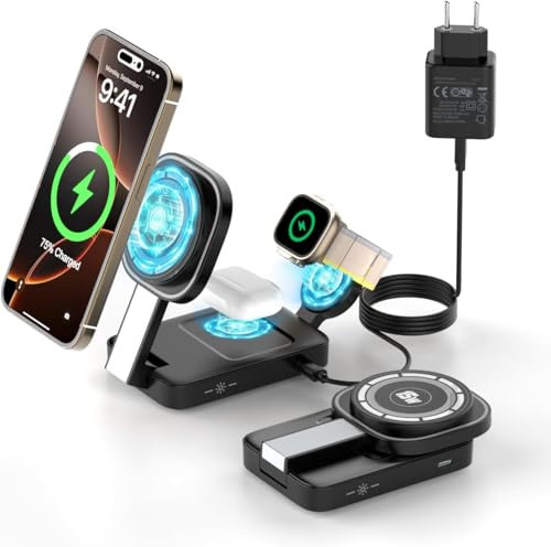 Aimtel Caricatore Wireless con Mag Safe,3 in 1 Stazione di Ricarica Pieghevole compatibile con iPhone 16/16 Pro Max/15/14/13/12/11,Apple Watch 10/Ultra 2/9/8/7/6/SE,Air Pods Pro/4/3/2