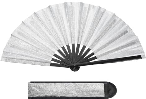 PATIKIL 13 Glitter Clack Rave Fan with Holster, Large Holder Folding Hand Fan Holder Handheld Fan for Women Edm Festival Club Party Dance, Silver Tone