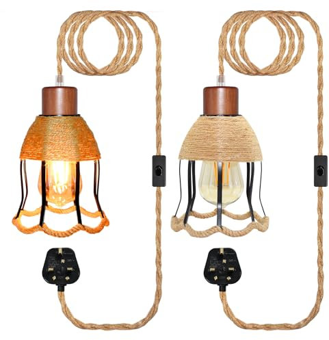 2 Pack Hemp Rope Plug in Pendant Lighting Kit, 500 CM Cable E26/E27 Lamp Holder with Switch, Include Black Flower Shaped Metal Lampshade, Plug in Ceiling Light, Hanging Rope Light Fitting, No Bulb
