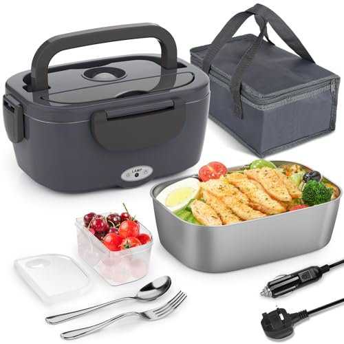 Carsolt Electric Heated Lunch Box, 80W Heated Lunch Boxes for Adults 1.5L Portable Food Warmer 12V/24V 230V Thermal Lunch Box for Car/Home with Insulated Carry Bag and Fork & Spoon (Grey)