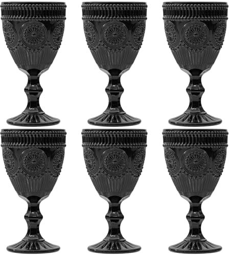 Schwarze Vintage-Weingläser, 284 ml, farbige Glas-Wasserkelche, einzigartiges florales geprägtes Muster, hochklare Stiel, Glaswaren, Hochzeit, Party, Bar, Trinkbecher, ausgefallene Gläser, nur