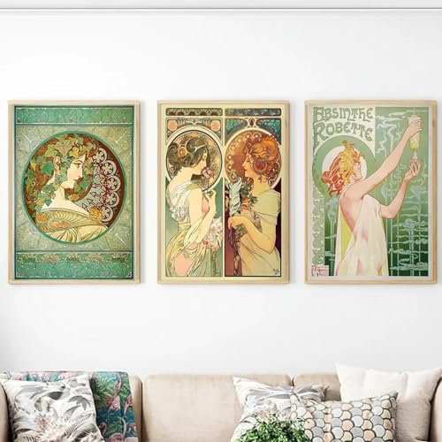 GKUVBF Jugendstil-Retro-Poster, abstrakter Druck, Leinwandgemälde, Wandkunst, Bild für Wohnzimmer, Heimdekoration, ästhetisches Wandbild, 30 x 40 cm, 3-teilig, rahmenlos