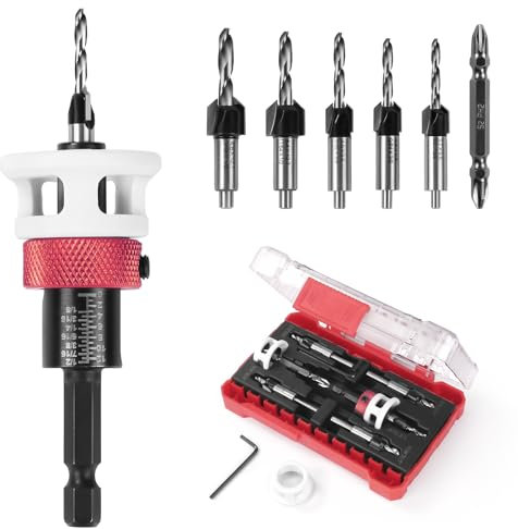 Countersink Drill Bit Set, 5 pcs Carbide Drill Bits with Stop Collar Set Counter Sink Drill Bit for Metal, HSS M2 Bits Tapered Head, 1/4” Hex Shank for Woodworking Tools with Storage Box
