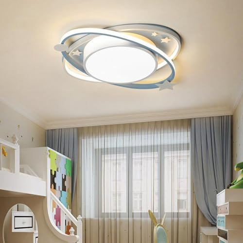Deckenleuchte Kinderzimmer Blau Cartoon Ring-Design Lampe Dimmbar LED Beleuchtung Modern Kinder Mädchen-/Jungenzimmer Deckenlampe mit Fernbedienung Hängelampe Schlafzimmer Oval Acryl-schirm 55cm, 50W