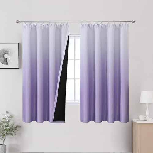 VEHEDE Thermovorhang Kälteschutz Kräuselband Ombre Vorhänge für Schlafzimmer, Lärmreduzierung Gradient Vorhang Blackout Curtains Verdunkelung Schienen Vorhang, 2er Set, Lila und Weiß,H160 x B132 cm