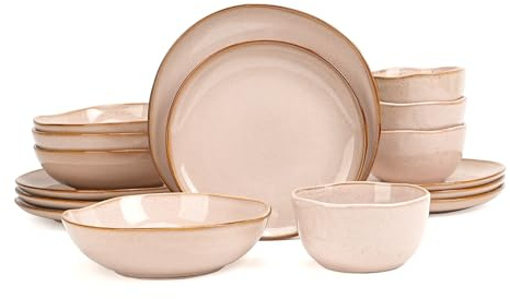 Home VSS Highland 16pc Dinnerware Set, Unique Organic Shape Double Bowl, Stoneware Plate & Bowl Dish Set Service for 4, Scratch Resistant, Microwave & Dishwasher Safe, Natural Reactive Glaze, Pink
