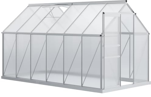 Outsunny Gartenhaus aus Polycarbonat 7,1 m² mit Schiebetür, verstellbarem Oberlicht, inkl. Fundament, Abm. 1,9L x 3,75l x 1,99m - Silber und Transparent