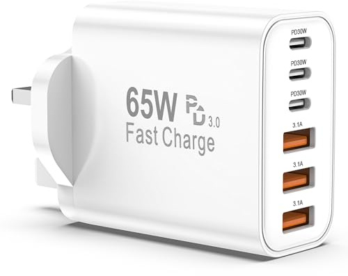 BSTOEM USB C Plug Fast Charge, 65W 6-Port UK Multi USB Wall Plug 25W(MAX) | Wall Plug port +Power Adapter, Type C Charging Plug for iPhone 17 16 15 14 13 12 11 Pro Max XS XR8, for ipad-3 Type C+3 USB A