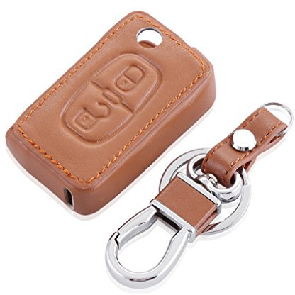 Happyit Housse de Protection à la Clé en Cuir Porte-clés pour 2 Boutons Clé de Plomb Peugeot 107 208 207 3008 308 RCZ 508 408 2008 407 307 206 (Marron)