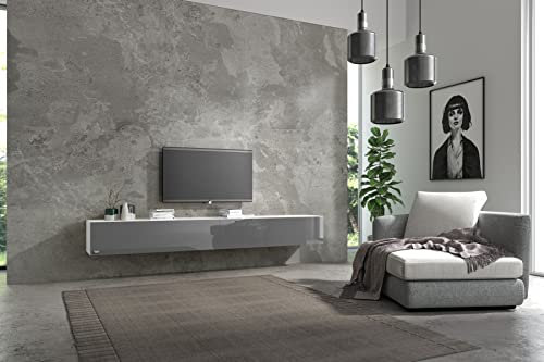 Wuun® TV Lowboard TV Board hängend I 100cm-280cm I Hängeschrank Wohnwand/Somero Weiß-Matt/Grau-Hochglanz I 240cm