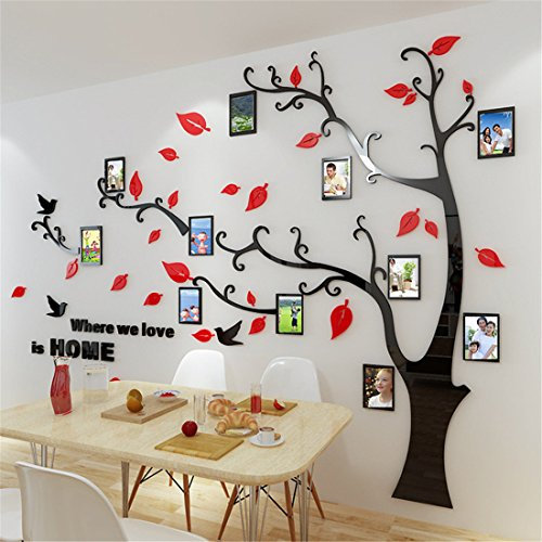 Wandtattoo Baum 3D DIY Wandaufkleber Family Stammbaum Fotowand Baum Wandtattoo Wall Sticker mit Bilderrahmen Foto Wandsticker Wanddeko Deko Wohnzimmer Schlafzimmer (Rot Links,L)