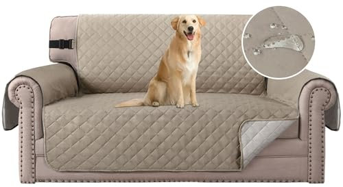 H.Versailtex Sofa Protector for Pets, Water Resistant Sofa Slipcover 2 Seater for Kids, Machine Washable Quilted Couch Covers with Adjustable Elastic Straps(Sand/Beige)