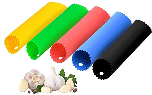 Garlic Peeler, 5 Pcs Silicone Garlic Roller Peeling Tube, Easy Useful Kitchen Tools (Red, Yellow, Green, Blue, Black)