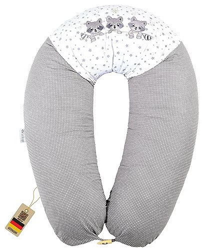 sei Design Stillkissen Mikroperlen XXL Lagerungskissen Schwangerschaftskissen Seitenschläferkissen 190x30 cm groß (Bezug 3 Waschbären Holzknopf, Füllung EPS Mikroperlen)