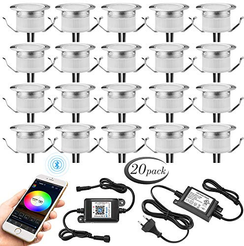 RGBW LED-Einbauleuchte, Bodenleuchte, wasserdicht, IP67, 12 V, Ø 31 mm, Steuerung durch Bluetooth Mesh – Beleuchtung für Terrasse, Terrasse, Garten, Dekoration, Innen und Außenbereich, 20 Stück